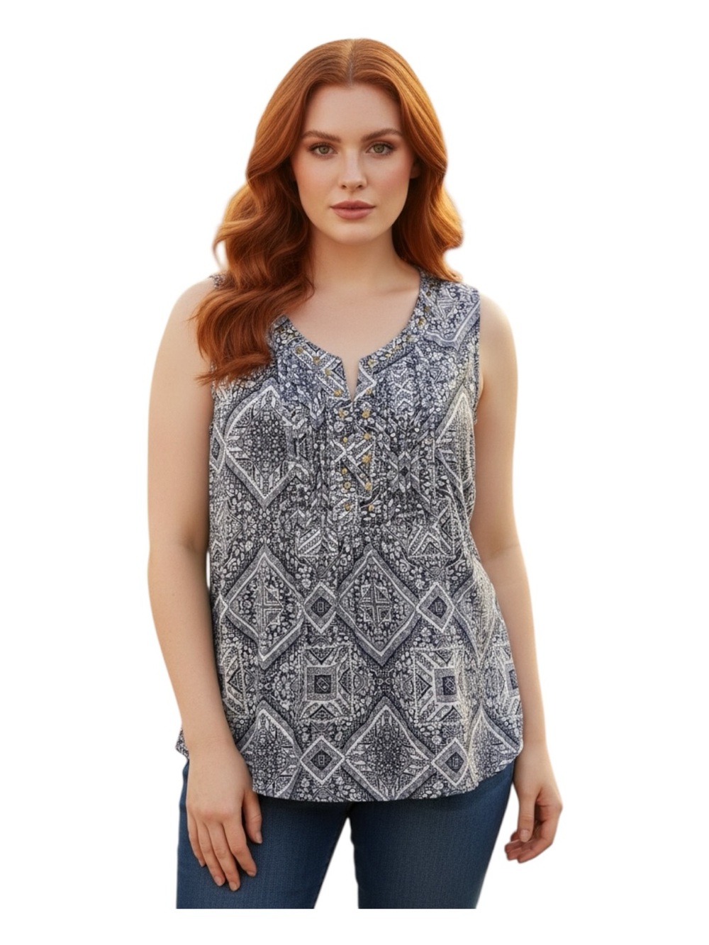 Kim Rogers Plus Size Navy and White Geometric Notch-Neck Sleeveless Camisole